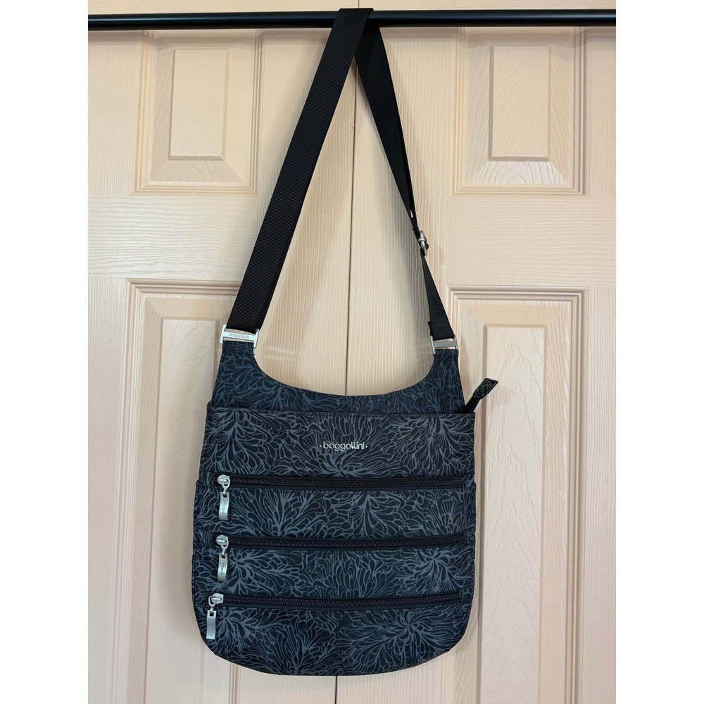 Baggallini Big Zipper Bagg Crossbody Midnight Blossom Black Grey Print Travel